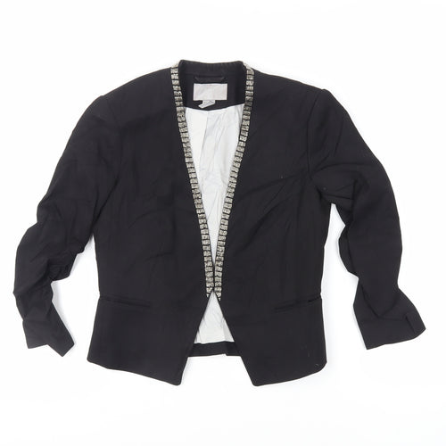 H&M Womens Black Jacket Blazer Size 8 - Open Ruched Sleeve Embellished