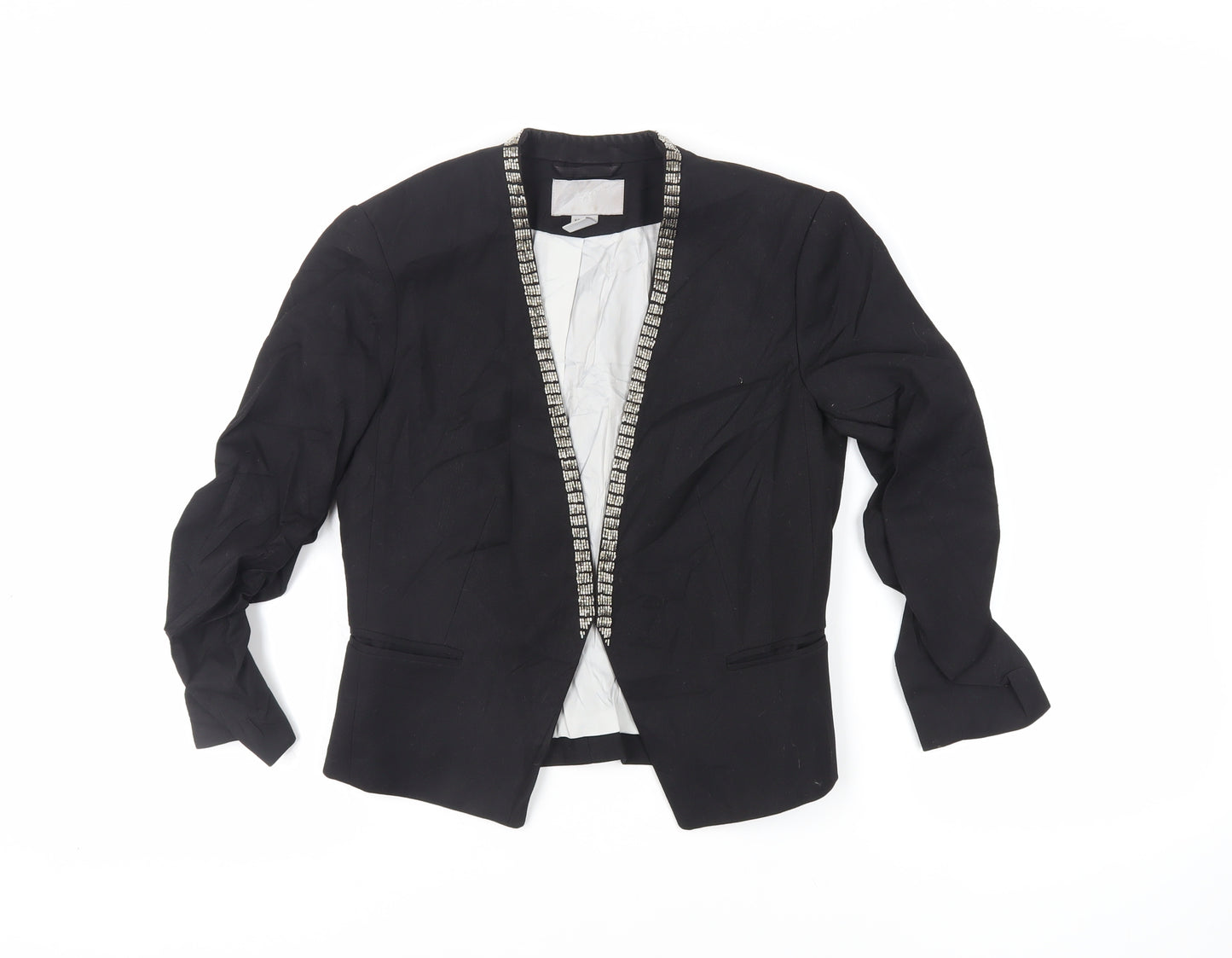 H&M Womens Black Jacket Blazer Size 8 - Open Ruched Sleeve Embellished