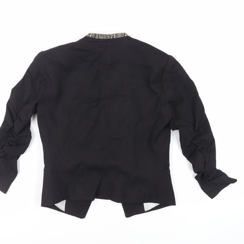 H&M Womens Black Jacket Blazer Size 8 - Open Ruched Sleeve Embellished