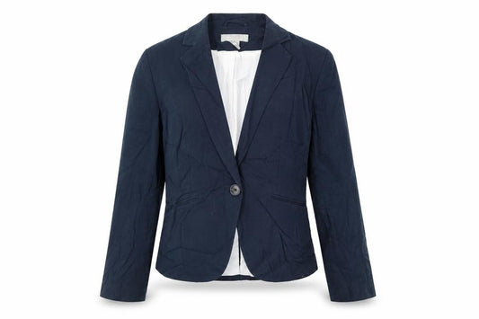 Front view of H&M women’s blue jacket blazer, size UK 8, button