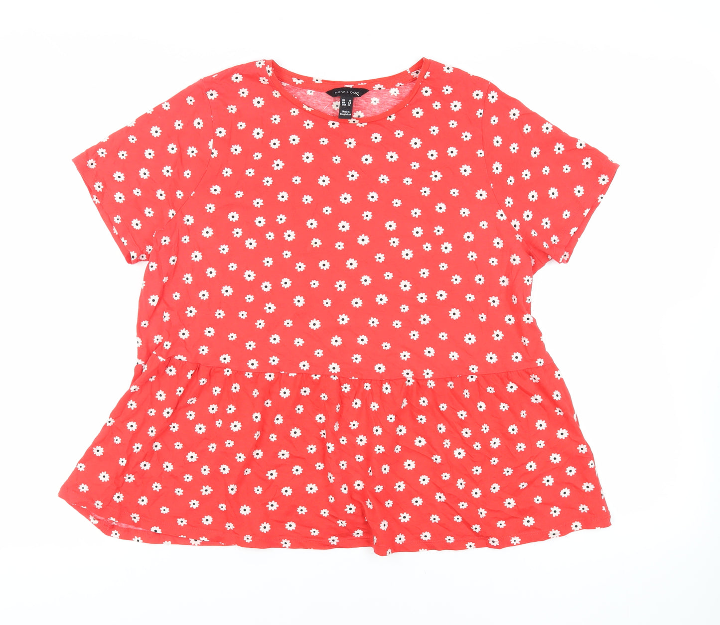 New Look Womens Red Floral Cotton Basic T-Shirt Size 16 Crew Neck - Peplum