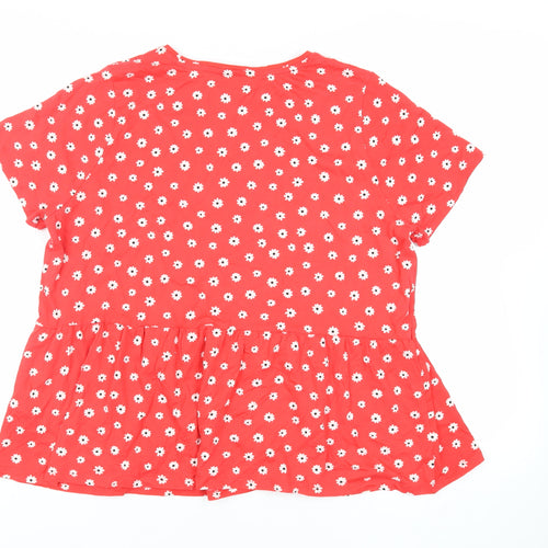 New Look Womens Red Floral Cotton Basic T-Shirt Size 16 Crew Neck - Peplum