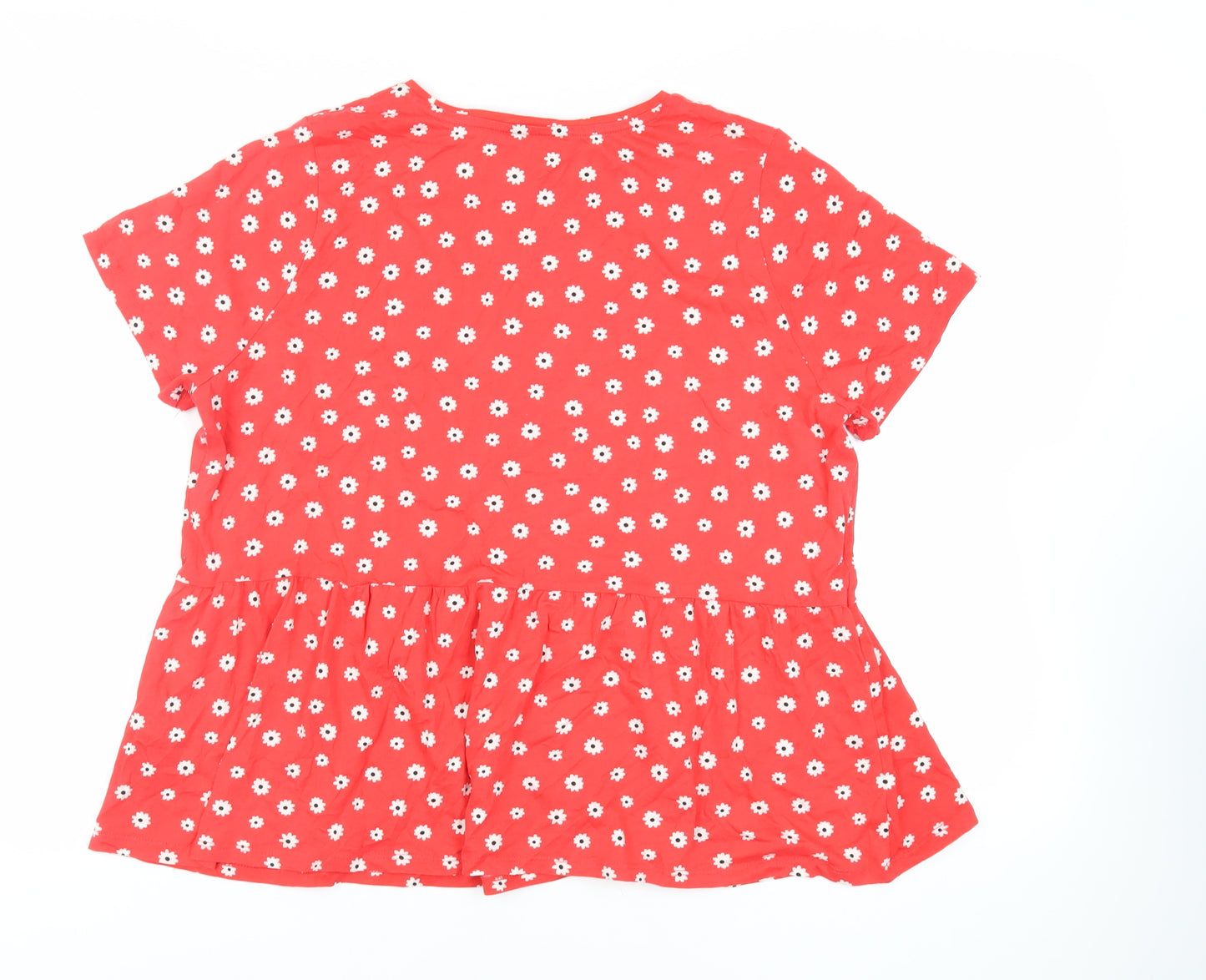 New Look Womens Red Floral Cotton Basic T-Shirt Size 16 Crew Neck - Peplum