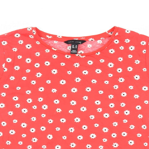 New Look Womens Red Floral Cotton Basic T-Shirt Size 16 Crew Neck - Peplum