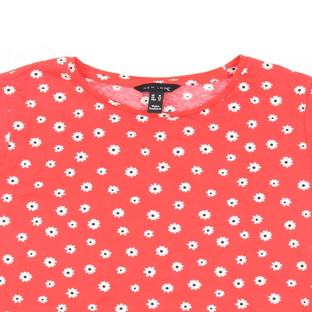 New Look Womens Red Floral Cotton Basic T-Shirt Size 16 Crew Neck - Peplum