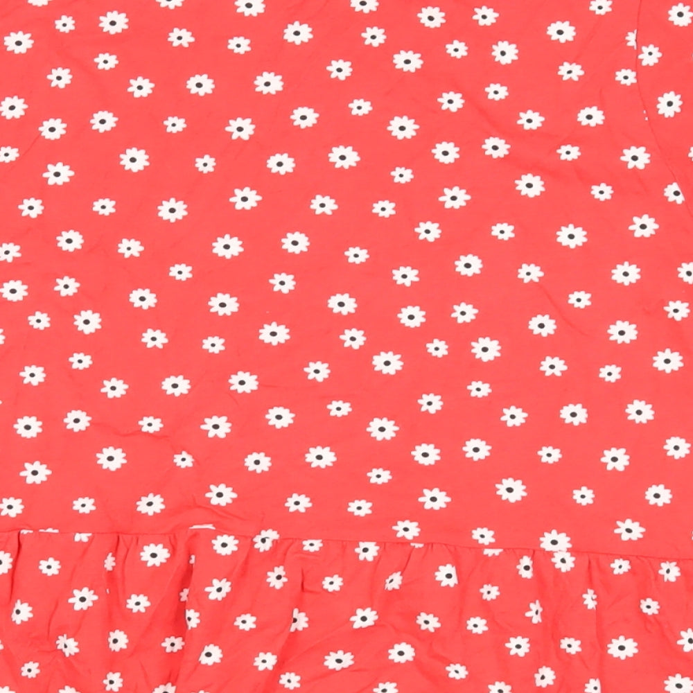 New Look Womens Red Floral Cotton Basic T-Shirt Size 16 Crew Neck - Peplum