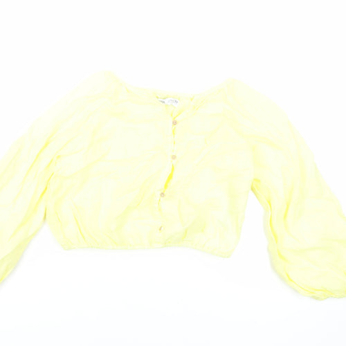 Zara Girls Yellow Linen Pullover Blouse Size 11-12 Years V-Neck Button