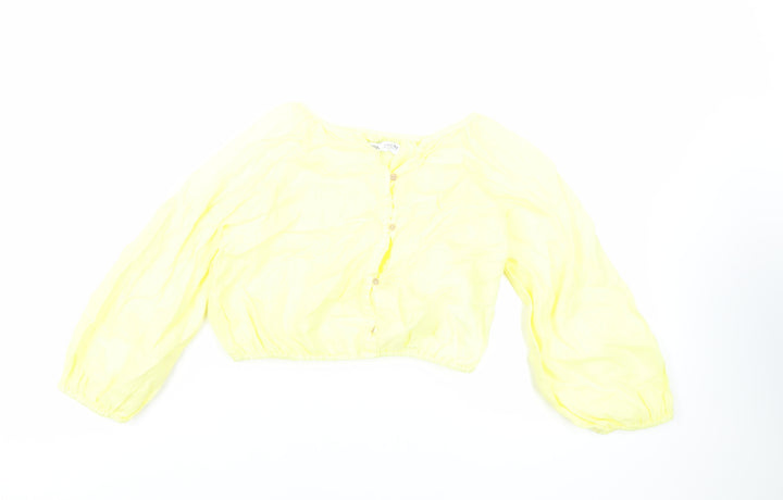 Zara Girls Yellow Linen Pullover Blouse Size 11-12 Years V-Neck Button