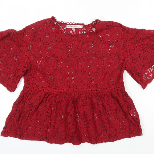 Lucy Wang Womens Red Herringbone Cotton Tunic Blouse Size M Round Neck