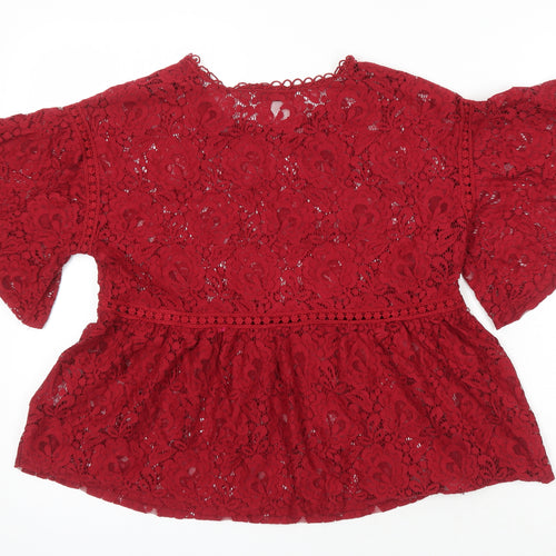 Lucy Wang Womens Red Herringbone Cotton Tunic Blouse Size M Round Neck