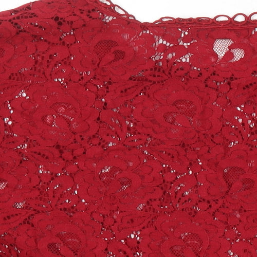 Lucy Wang Womens Red Herringbone Cotton Tunic Blouse Size M Round Neck
