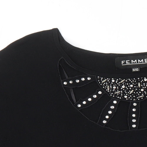 Femme Womens Black Trivinyl Tunic T-Shirt Size 14 Boat Neck