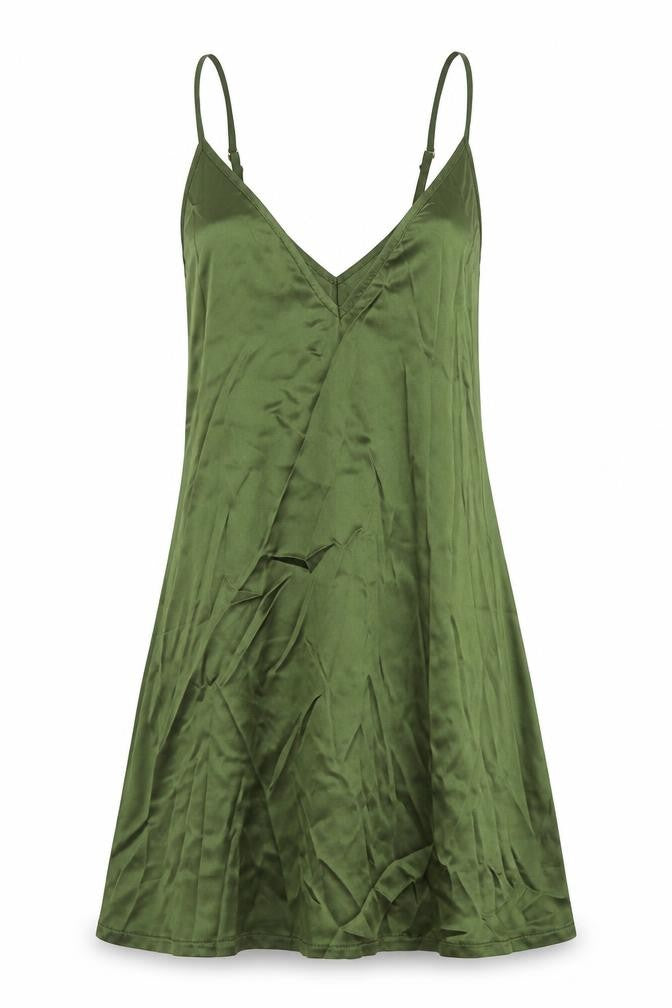 Front view of PRETTYLITTLETHING women’s green polyester slip dress, size UK 4, v-neck