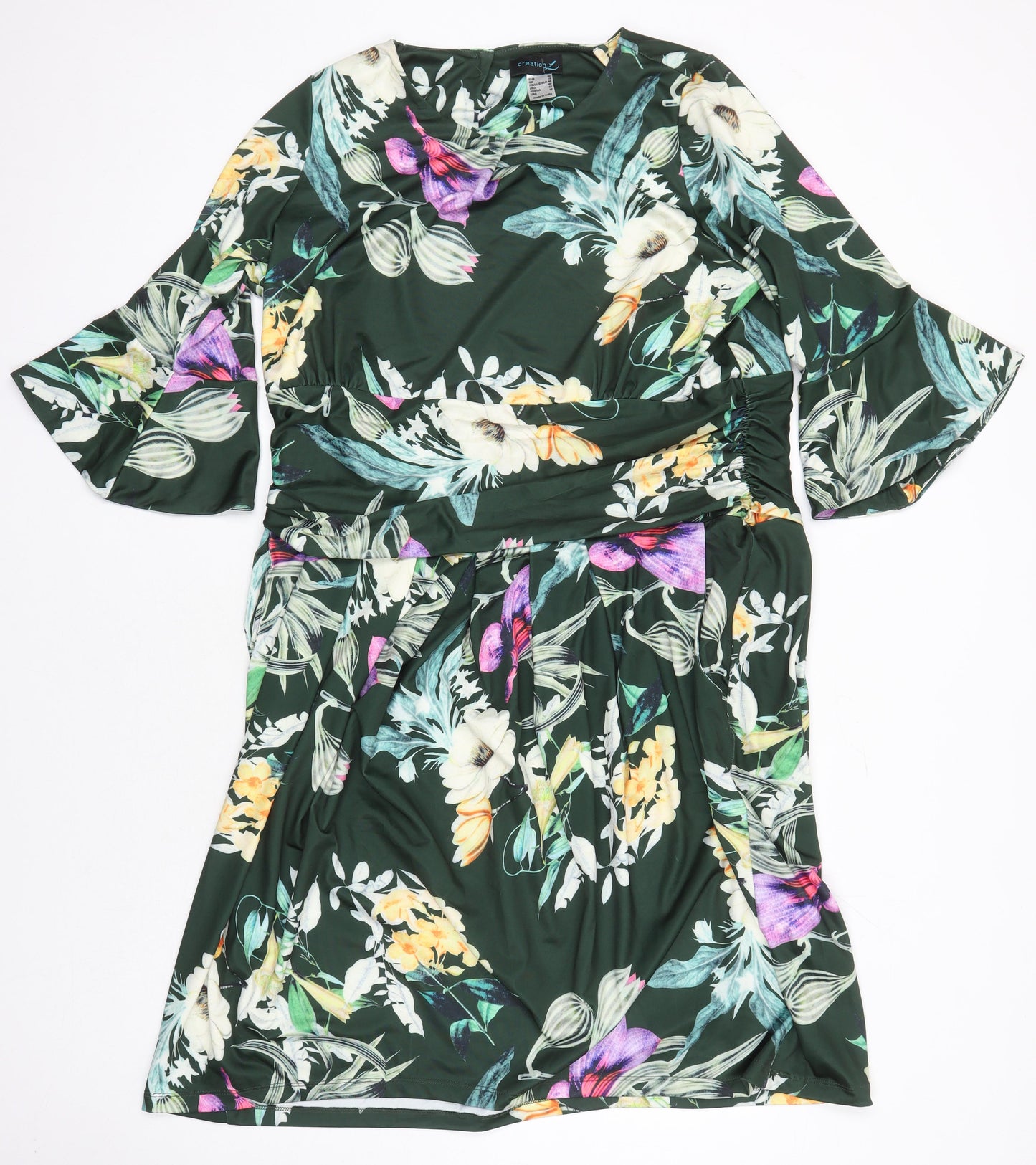 Creation Womens Ivory Floral Polyester A-Line Size 12 Round Neck