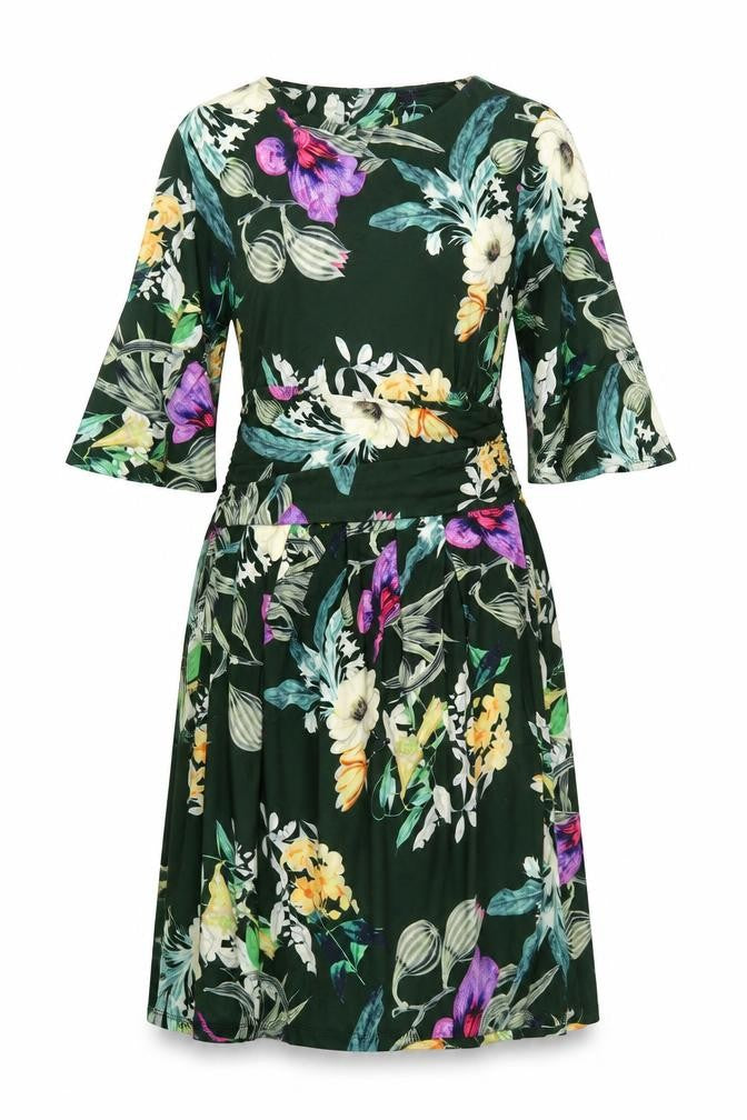 Front view of Creation women’s ivory floral polyester a-line, size UK 12, round neck