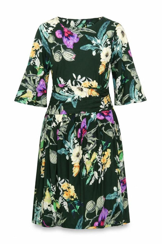Front view of Creation women’s ivory floral polyester a-line, size UK 12, round neck