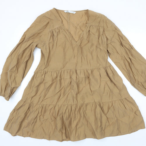 Zara Womens Brown Lyocell A-Line Size S V-Neck