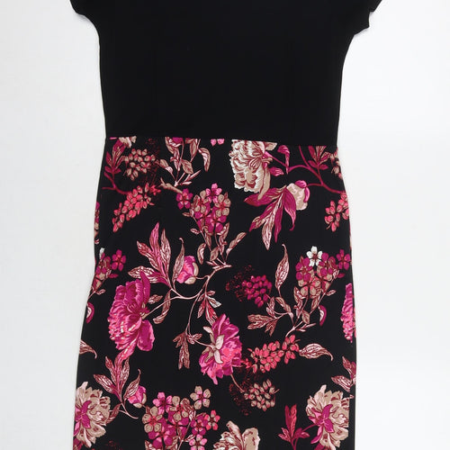 NEXT Womens Black Floral Viscose A-Line Size 12 V-Neck Zip