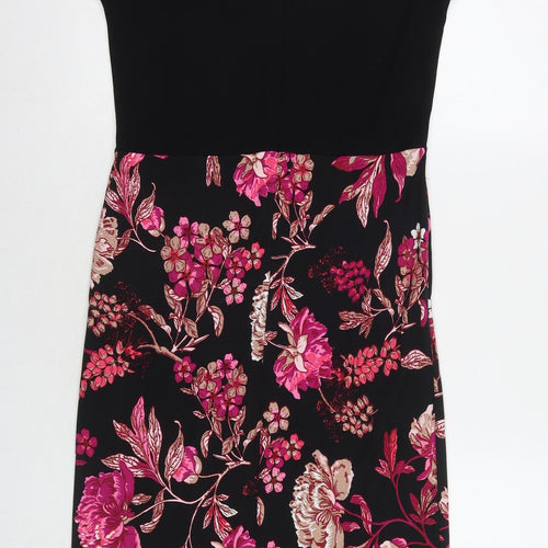 NEXT Womens Black Floral Viscose A-Line Size 12 V-Neck Zip
