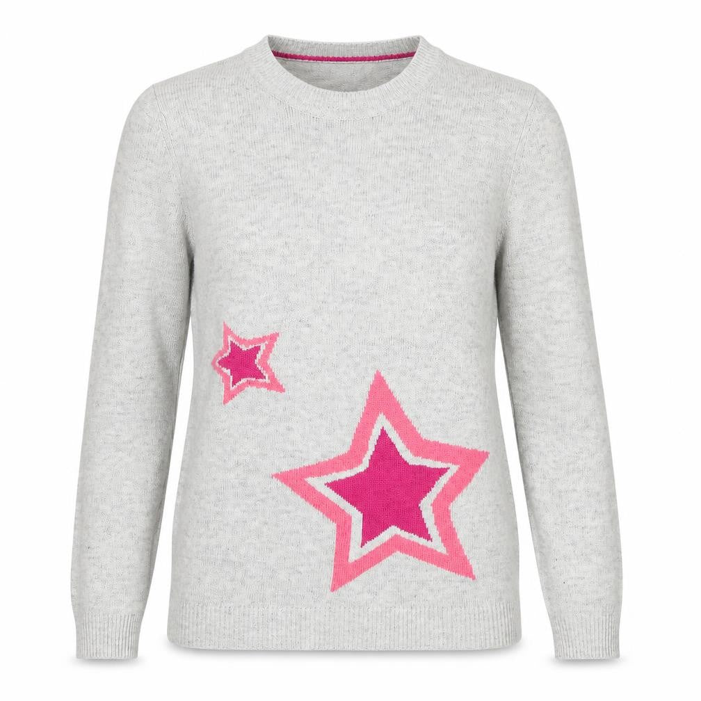 Front view of Oasis women’s grey round neck viscose jumper, size M, - stars