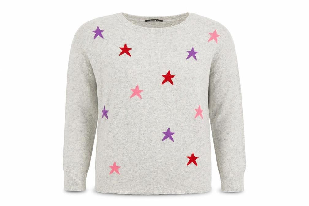 Front view of Oasis women’s grey round neck cotton jumper, size M, - stars