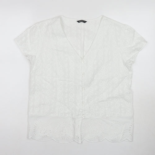 Roman Womens White Polyester Basic Button-Up Size 12 V-Neck