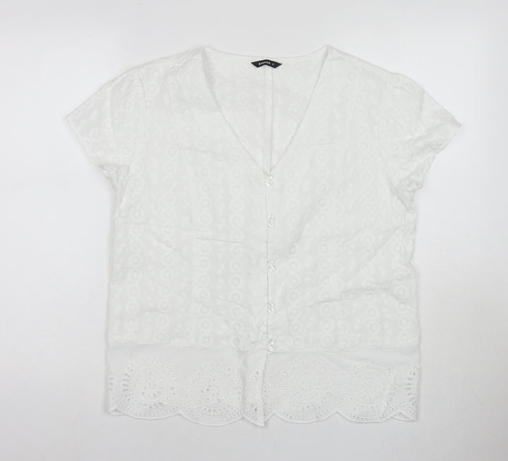 Roman Womens White Polyester Basic Button-Up Size 12 V-Neck