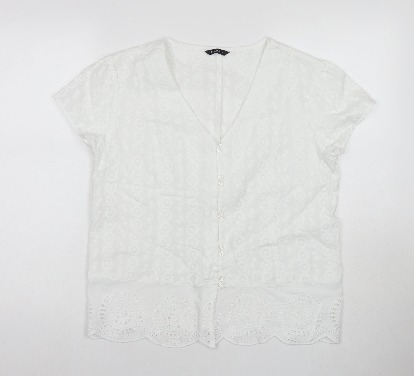 Roman Womens White Polyester Basic Button-Up Size 12 V-Neck