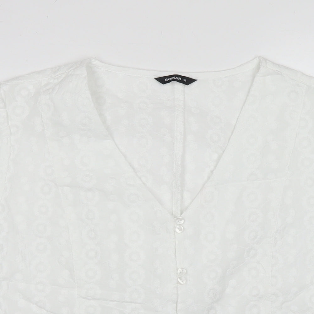 Roman Womens White Polyester Basic Button-Up Size 12 V-Neck
