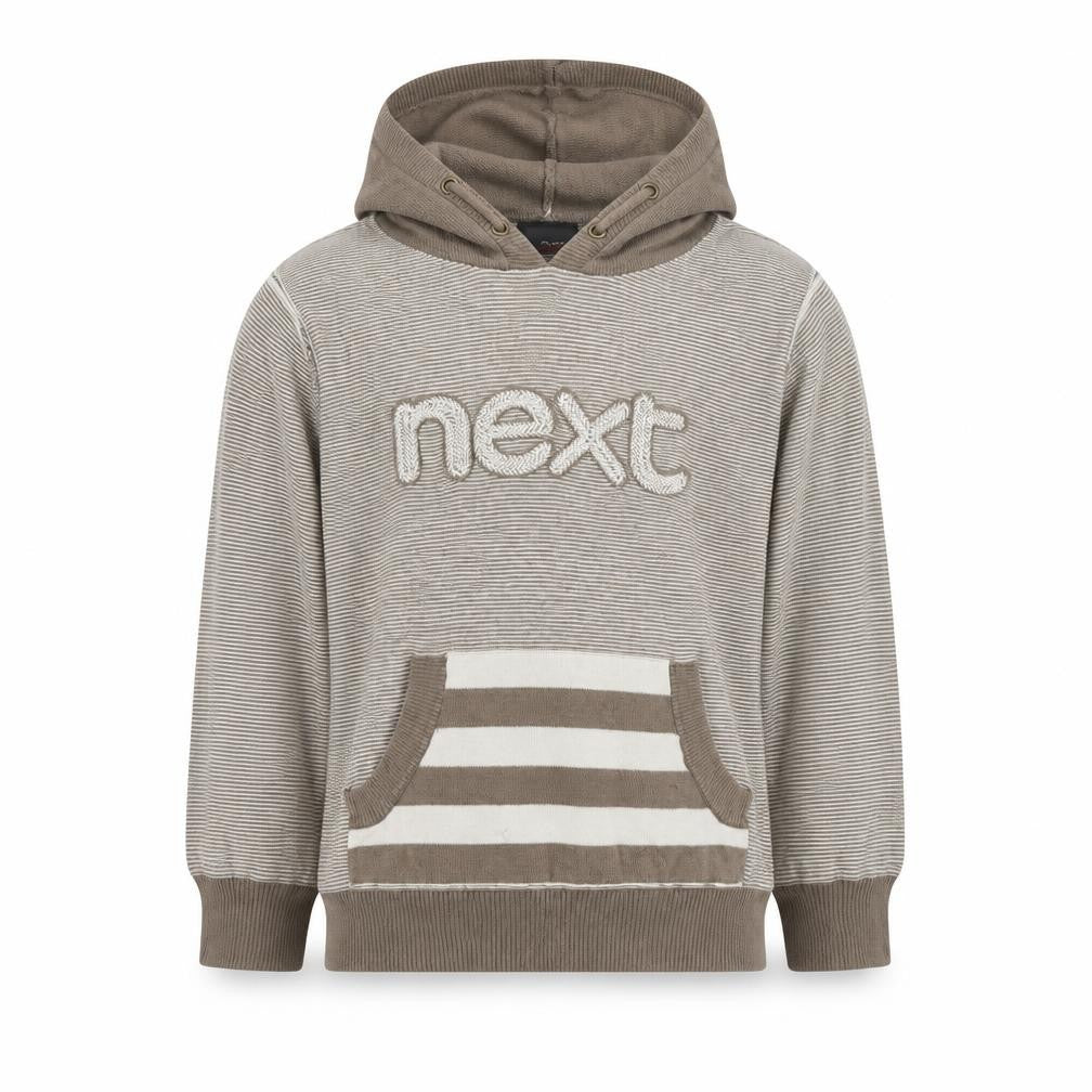 Front view of Next boys’ brown cotton pullover hoodie, size 2-3, years zip - logo