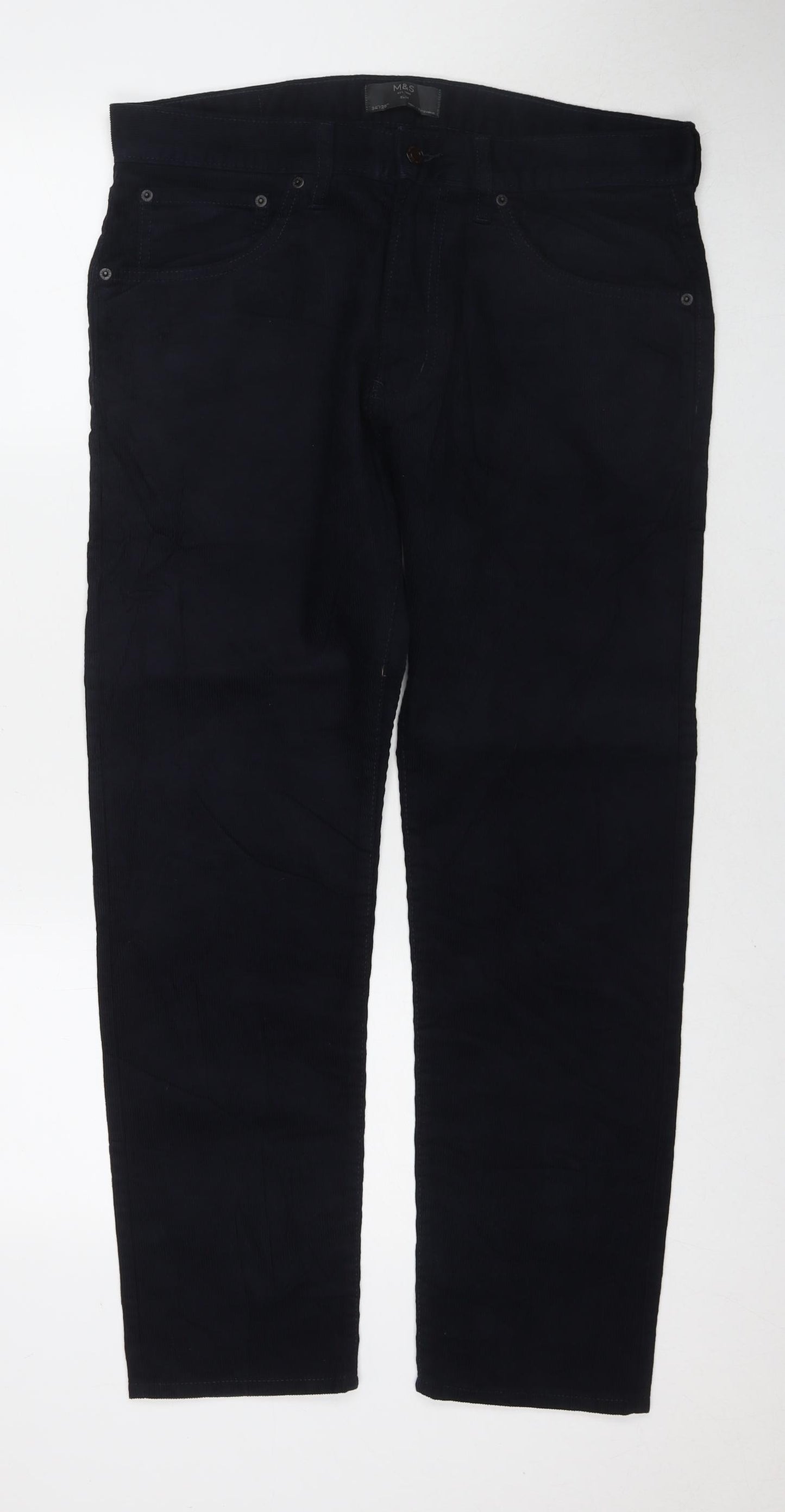 Marks and Spencer Mens Blue Cotton Trousers Size 34 in L29 in Regular Zip