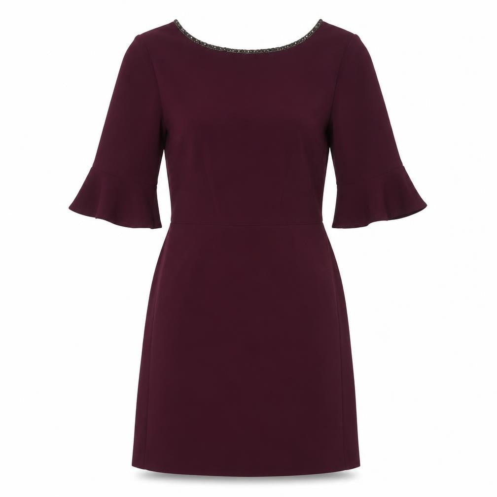 Front view of Oasis women’s red cotton a-line, size UK 10, boat neck zip