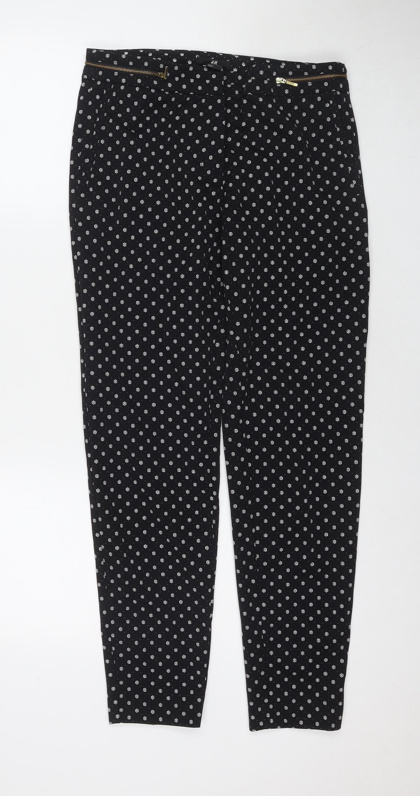 H&M Womens Black Geometric Polyester Trousers Size 8 L28 in Regular Zip