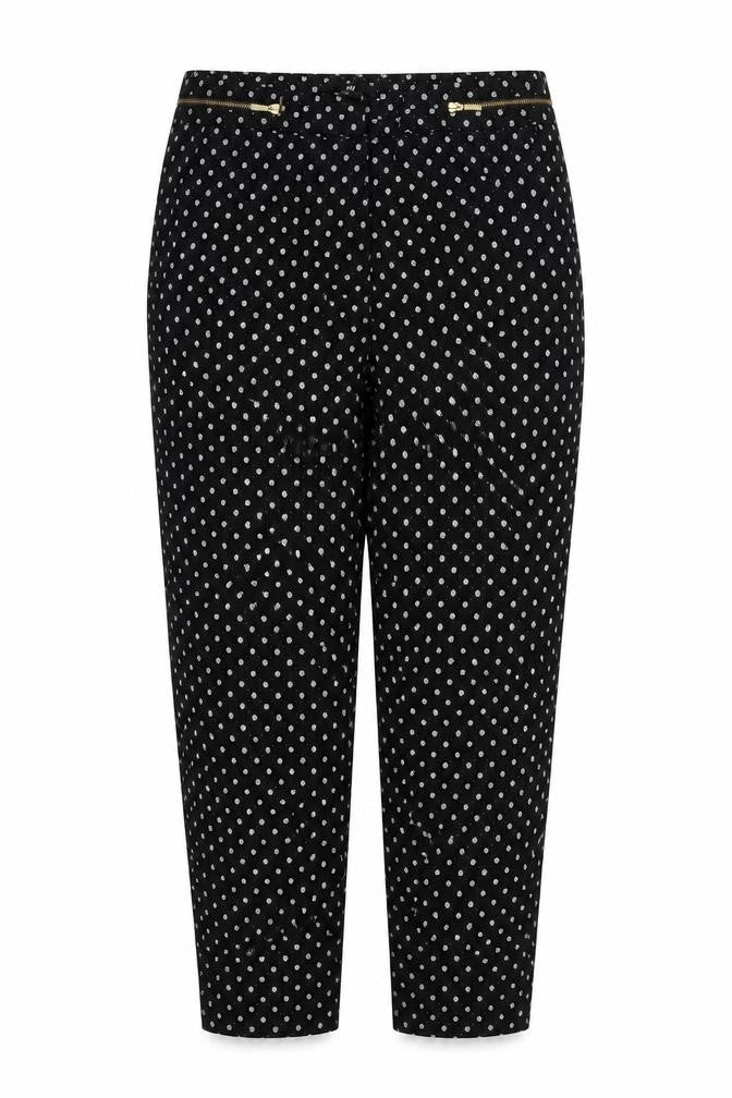 Front view of H&M women’s black geometric polyester trousers, size UK 8, 28-inch leg regular zip