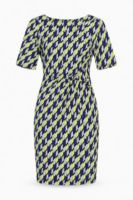 Front view of Jolie Moi women’s multicoloured geometric polyester a-line, size UK 10, boat neck pullover