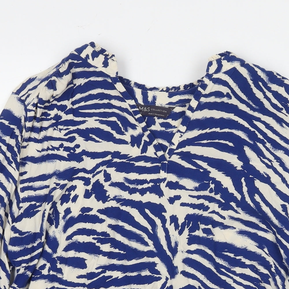 Marks and Spencer Womens Blue Animal Print Polyester Basic Blouse Size 10 Round Neck - Tiger Print
