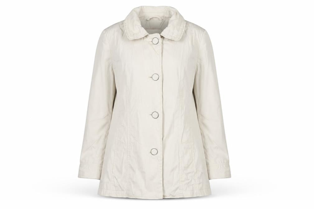 Front view of Per Una women’s beige pea coat coat, size UK 10, button