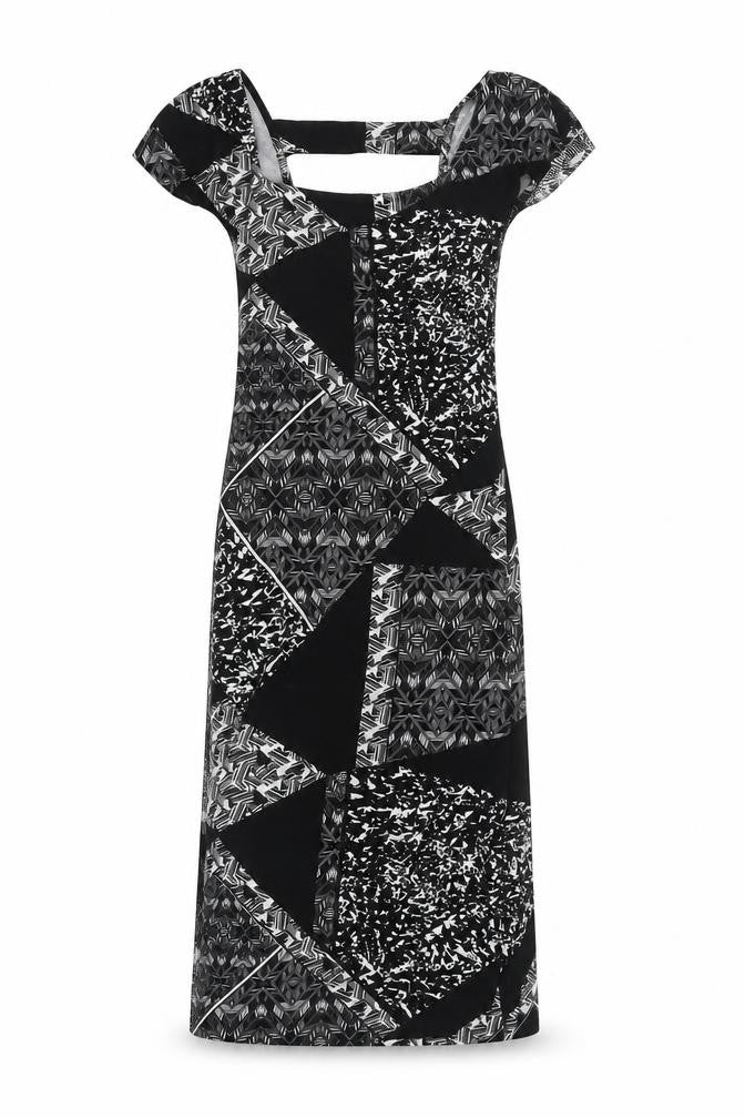 Front view of Miss Selfridge women’s black geometric viscose a-line, size UK 8, square neck pullover