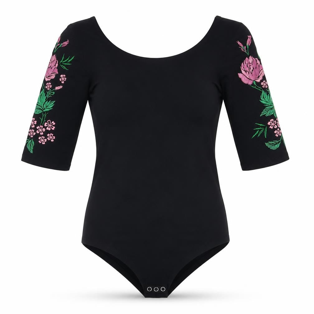 Front view of OOTD women’s black cotton bodysuit one-piece, size UK 10, snap