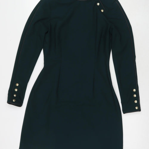 Zara Womens Green Polyester A-Line Size M Round Neck Button