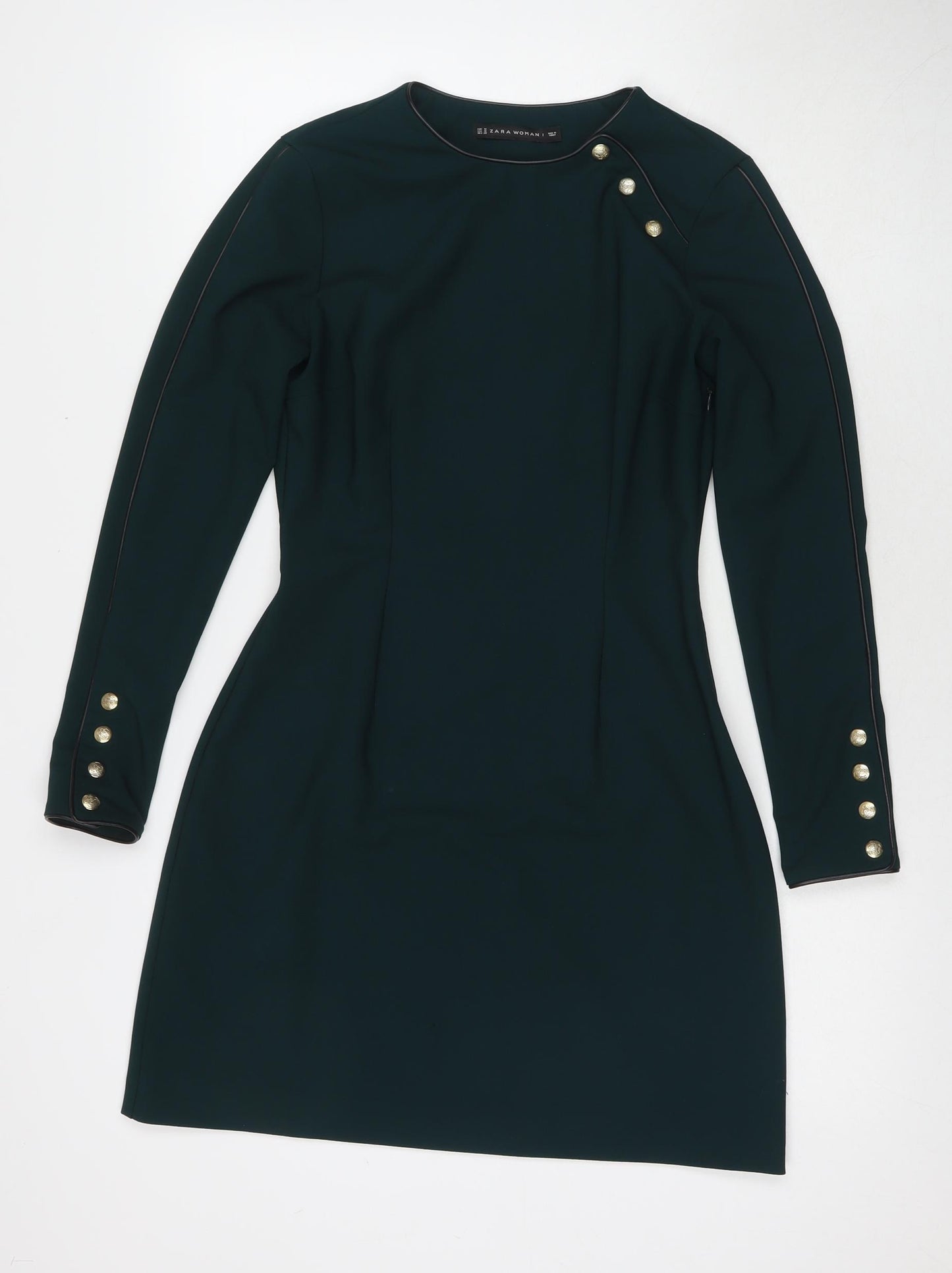 Zara Womens Green Polyester A-Line Size M Round Neck Button