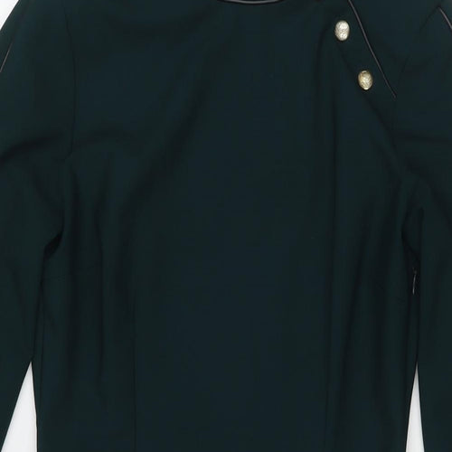 Zara Womens Green Polyester A-Line Size M Round Neck Button
