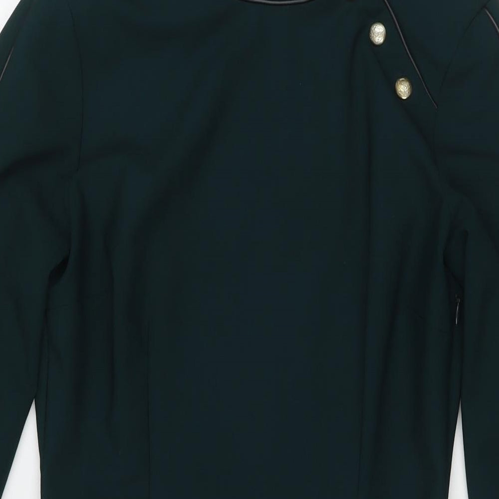 Zara Womens Green Polyester A-Line Size M Round Neck Button