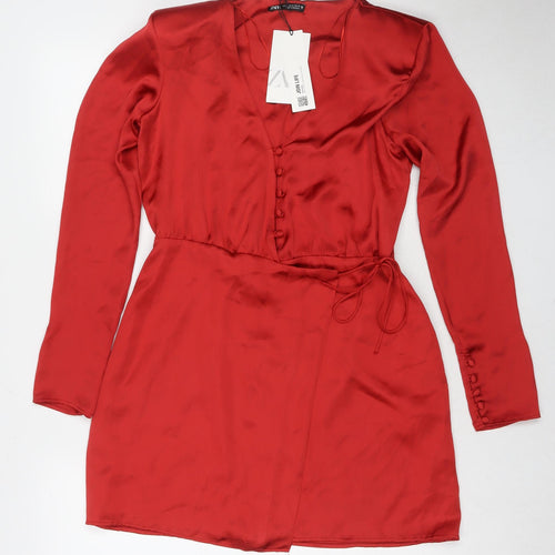 Zara Womens Red Polyester Wrap Dress Size M V-Neck Button