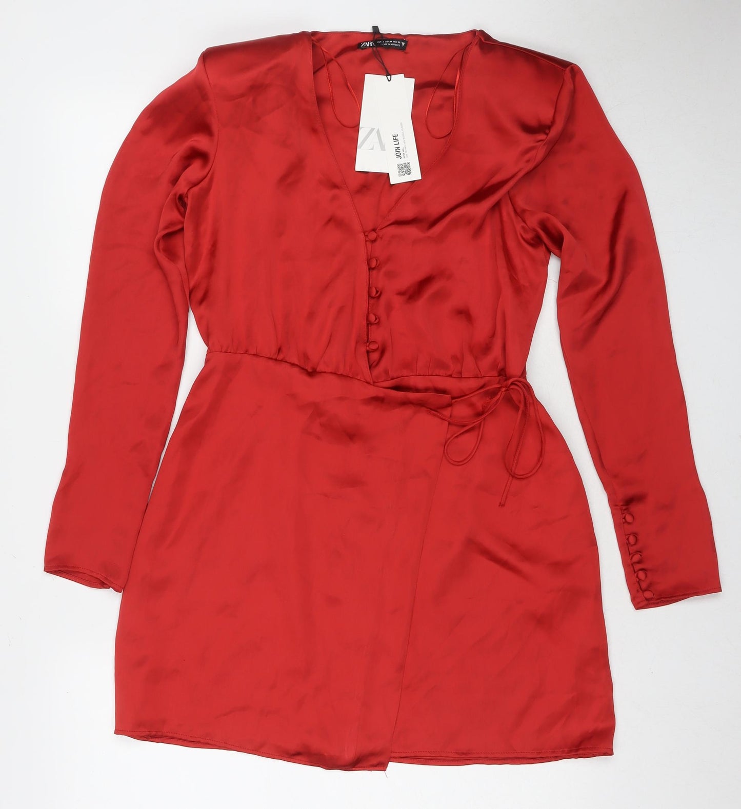 Zara Womens Red Polyester Wrap Dress Size M V-Neck Button