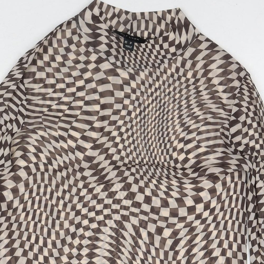 New Look Womens Brown Geometric Polyester Basic T-Shirt Size 10 Round Neck