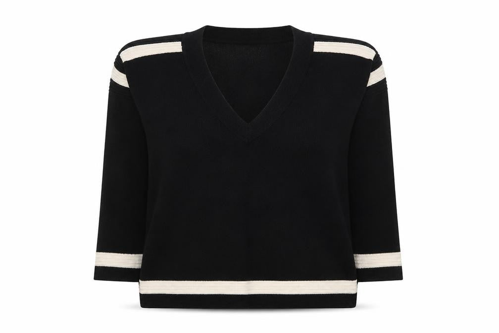Front view of La Redoute women’s black v-neck viscose jumper, size M