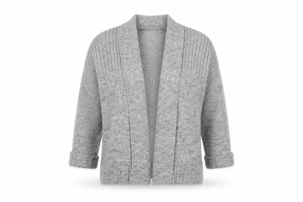 Front view of Marks & Spencer women’s grey v-neck polyester cardigan jumper, size UK 14