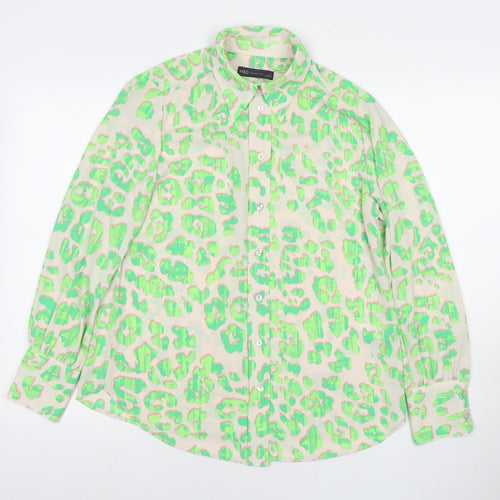 Marks and Spencer Womens Green Animal Print Polyester Basic Button-Up Size 10 Collared - Leopard Print