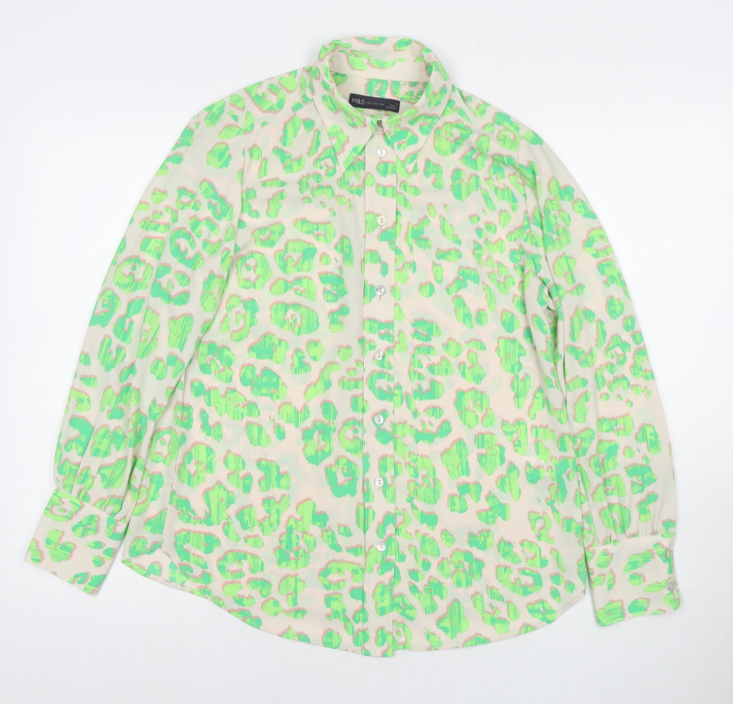 Marks and Spencer Womens Green Animal Print Polyester Basic Button-Up Size 10 Collared - Leopard Print